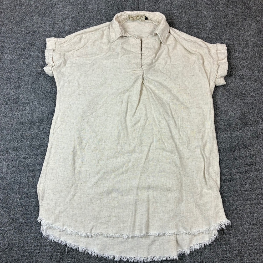 Bad Little Country Girl Tina Linen Tunic Top Beige Fringe Hem Small